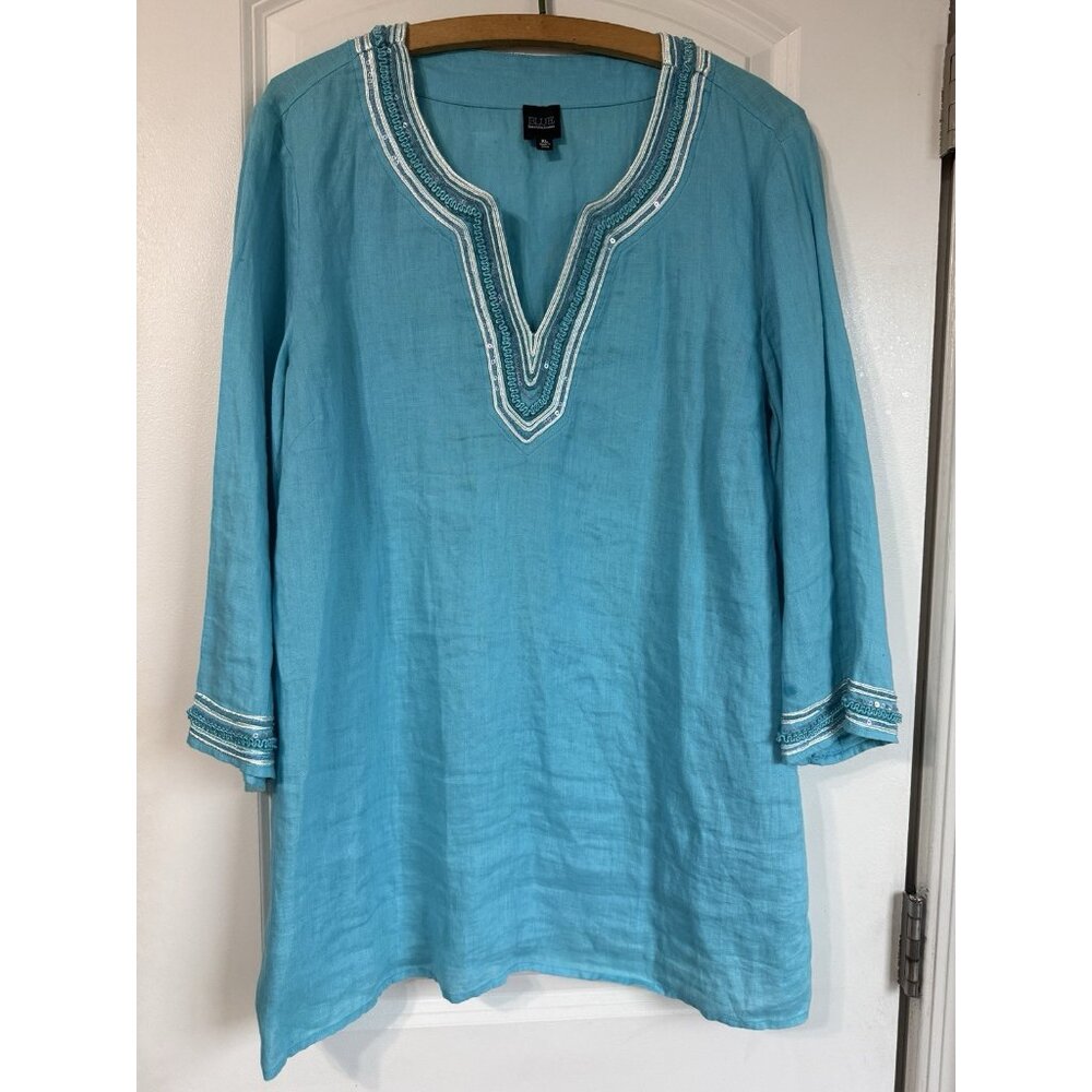 Saks Fifth Avenue Women's XL Tunic Blouse 100% Linen Long Sleeve Turquoise Blue‎